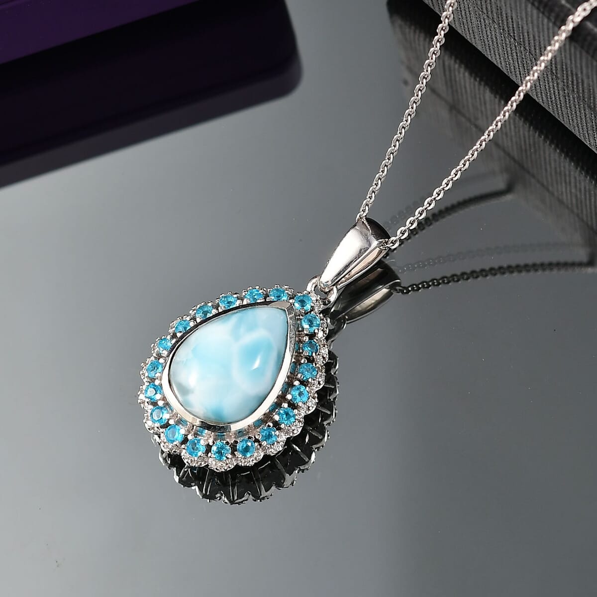 D’Joy Larimar and Multi Gemstone 7.30 ctw Ocean's Halo Pendant Necklace 20 Inches in Rhodium Over Sterling Silver image number 1