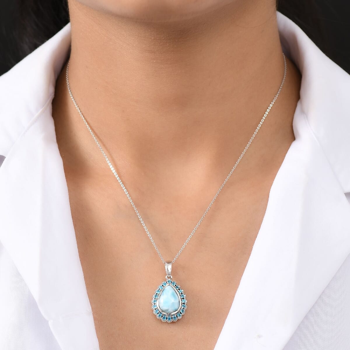 D’Joy Larimar and Multi Gemstone 7.30 ctw Ocean's Halo Pendant Necklace 20 Inches in Rhodium Over Sterling Silver image number 2