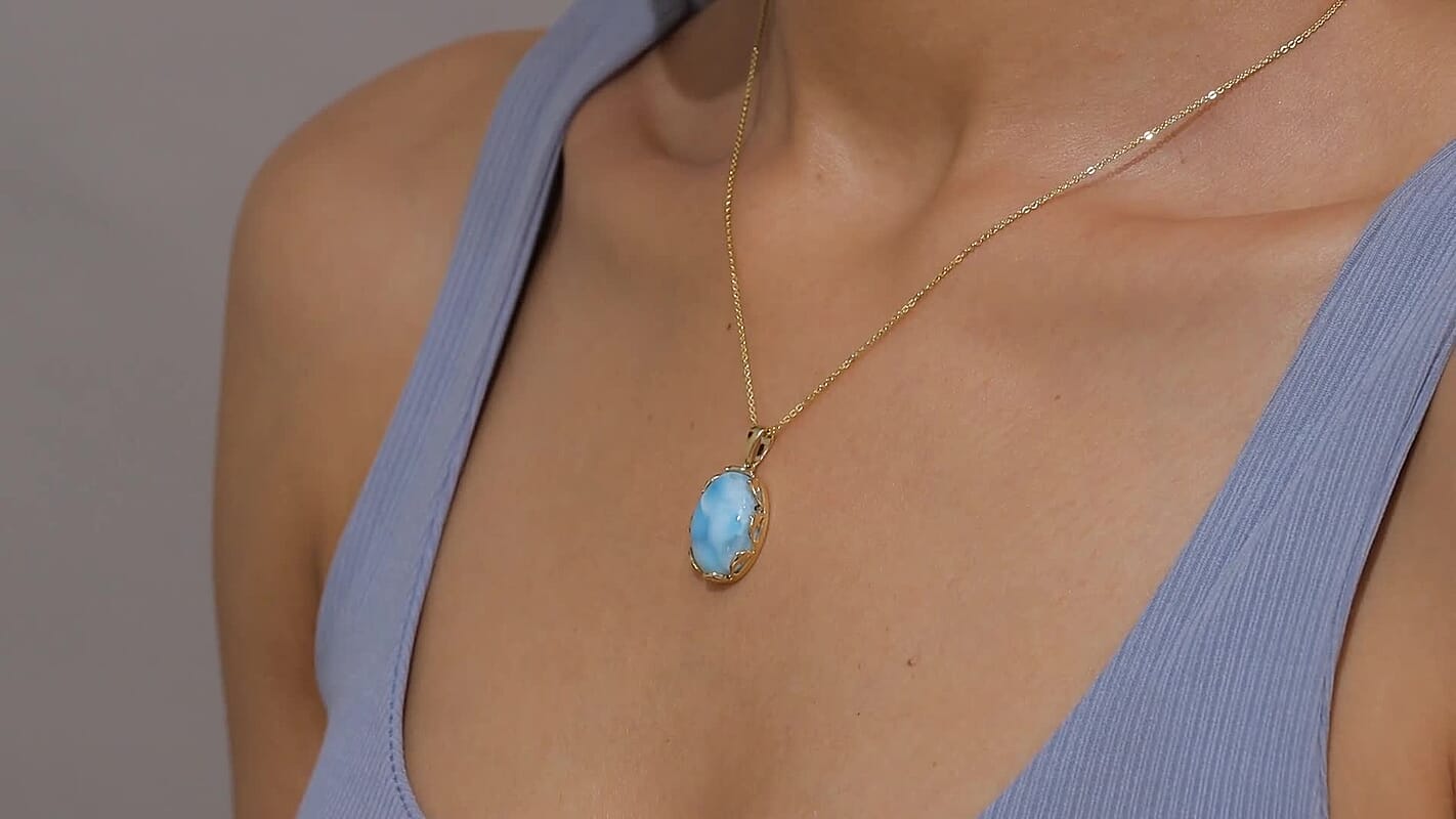 D'Joy Larimar 14 ctw Tidal Crown Pendant Necklace 20 Inches in 18K Vermeil Yellow Gold Over Sterling Silver