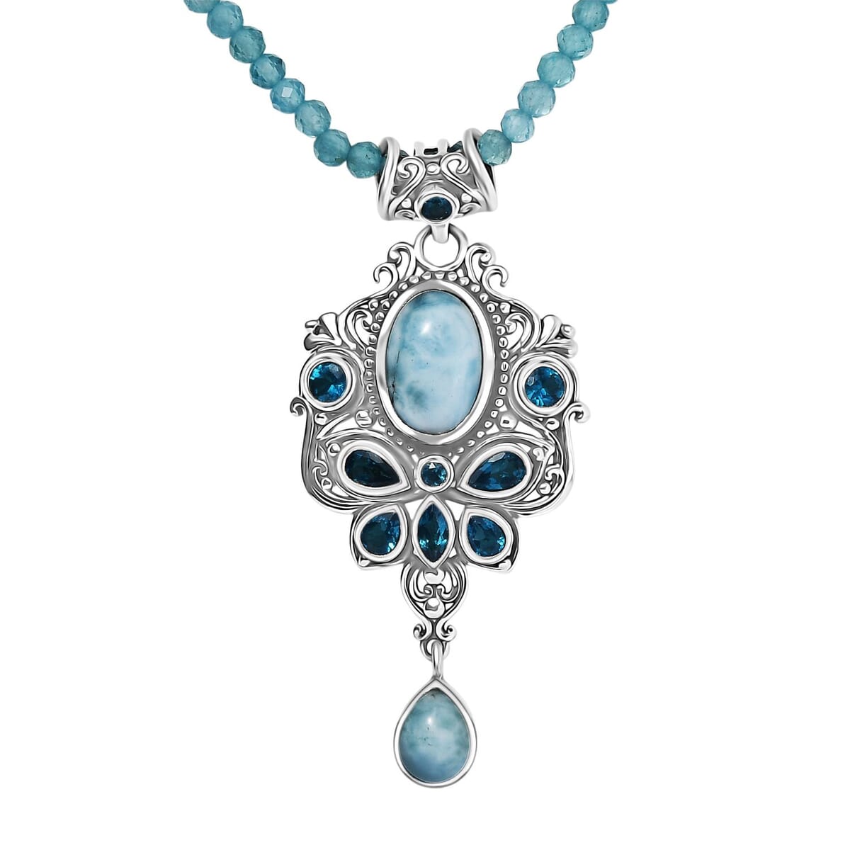 D'Joy Artisan Crafted Larimar and Neon Apatite 31.40 ctw Ocean’s Grace Pendant with Apatite Beaded Necklace in Sterling Silver 20 Inches image number 0