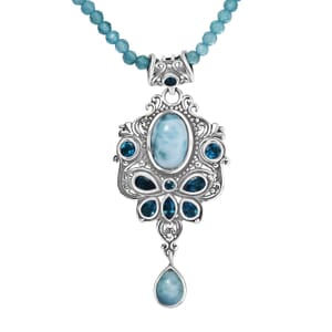 D'Joy Artisan Crafted Larimar and Neon Apatite 31.40 ctw Ocean’s Grace Pendant with Apatite Beaded Necklace in Sterling Silver 20 Inches