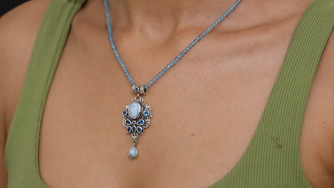 D'Joy Artisan Crafted Larimar and Neon Apatite 31.40 ctw Ocean’s Grace Pendant with Apatite Beaded Necklace in Sterling Silver 20 Inches