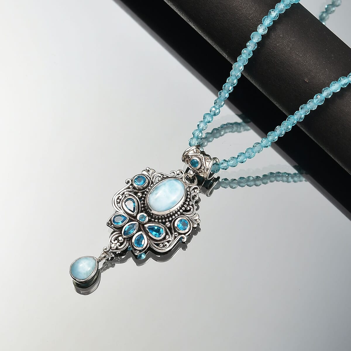 D'Joy Artisan Crafted Larimar and Neon Apatite 31.40 ctw Ocean’s Grace Pendant with Apatite Beaded Necklace in Sterling Silver 20 Inches image number 1