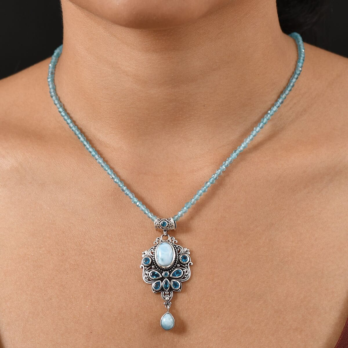D'Joy Artisan Crafted Larimar and Neon Apatite 31.40 ctw Ocean’s Grace Pendant with Apatite Beaded Necklace in Sterling Silver 20 Inches image number 2