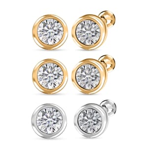 Set of 3 - Luxuriant Lab Grown Diamond G-H SI 1.50 ctw Solitaire Stud Earrings in 18K Vermeil Yellow Gold and Rhodium Over Sterling Silver