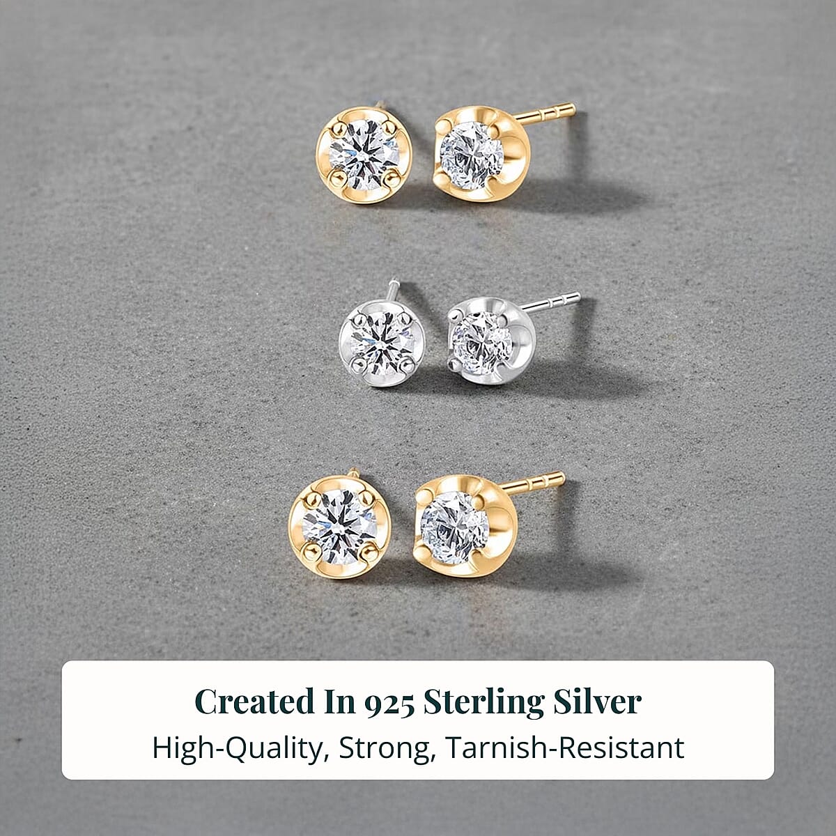 Set of 3 - Luxuriant Lab Grown Diamond (G-H, SI) Solitaire Stud Earrings in 18K Vermeil Yellow Gold and Rhodium Over Sterling Silver 1.50 ctw (Del. In 10-12 Days) image number 2
