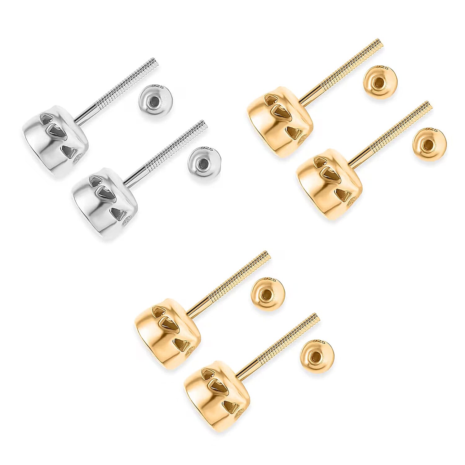 Set of 3 - Poke Free Luxuriant Lab Grown Diamond G-H SI Solitaire Stud Earrings in 18K Vermeil Yellow Gold and Rhodium Over Sterling Silver 1.50 ctw