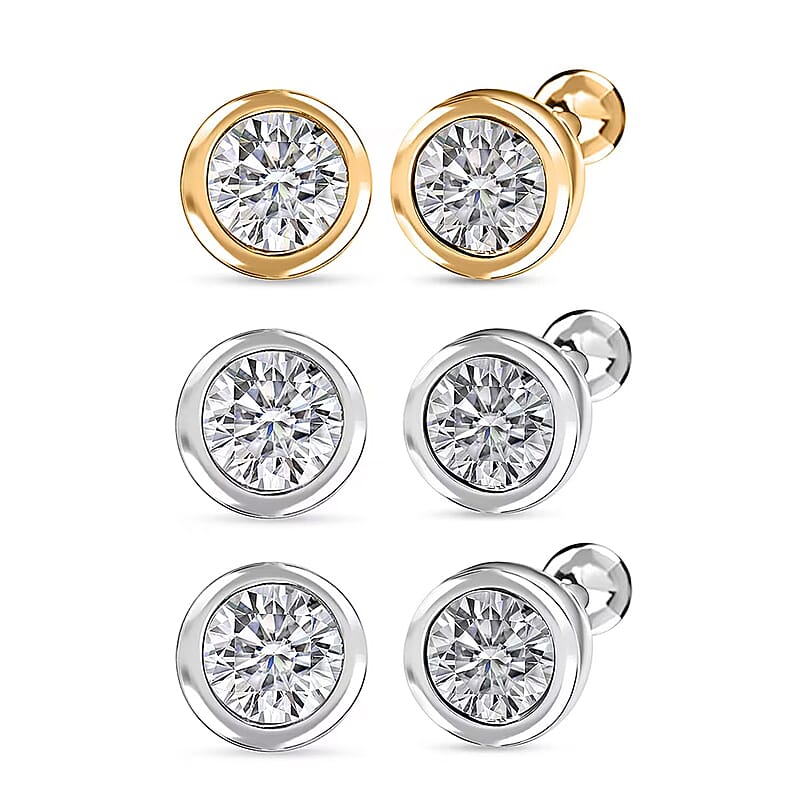 Set of 3 - Luxuriant Lab Grown Diamond (G-H, SI) Solitaire Stud Earrings in Rhodium and 18K Vermeil Yellow Gold Over Sterling Silver 1.50 ctw (Del. In 10-12 Days)