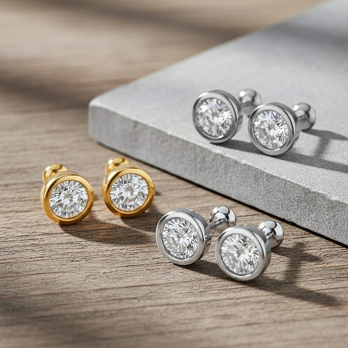 Set of 3 - Luxuriant Lab Grown Diamond (G-H, SI) Solitaire Stud Earrings in Rhodium and 18K Vermeil Yellow Gold Over Sterling Silver 1.50 ctw (Del. In 10-12 Days) image number 1