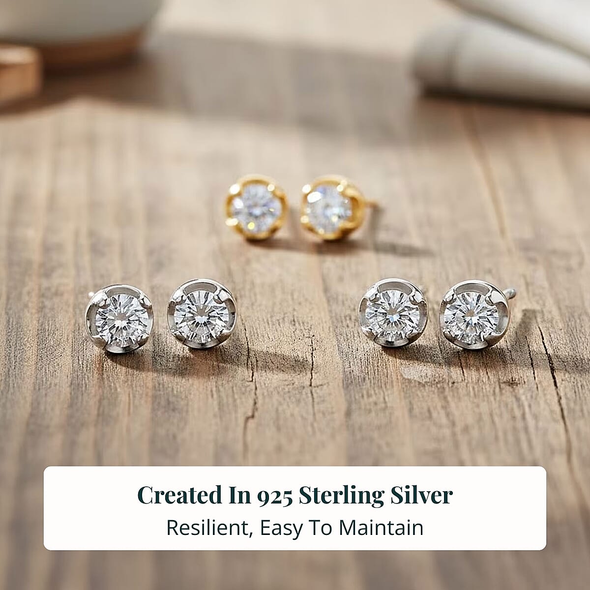 Set of 3 - Luxuriant Lab Grown Diamond (G-H, SI) Solitaire Stud Earrings in Rhodium and 18K Vermeil Yellow Gold Over Sterling Silver 1.50 ctw (Del. In 10-12 Days) image number 2