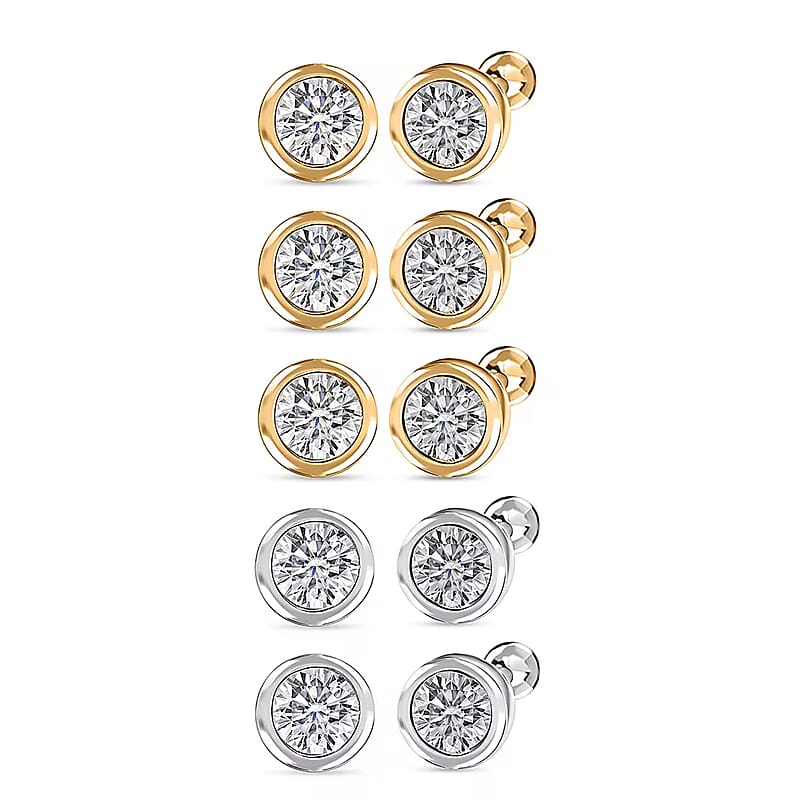 Set of 5 - Luxuriant Lab Grown Diamond (G-H, SI) Solitaire Stud Earrings in 18K Vermeil Yellow Gold and Rhodium Over Sterling Silver 2.50 ctw (Del. In 10-12 Days)