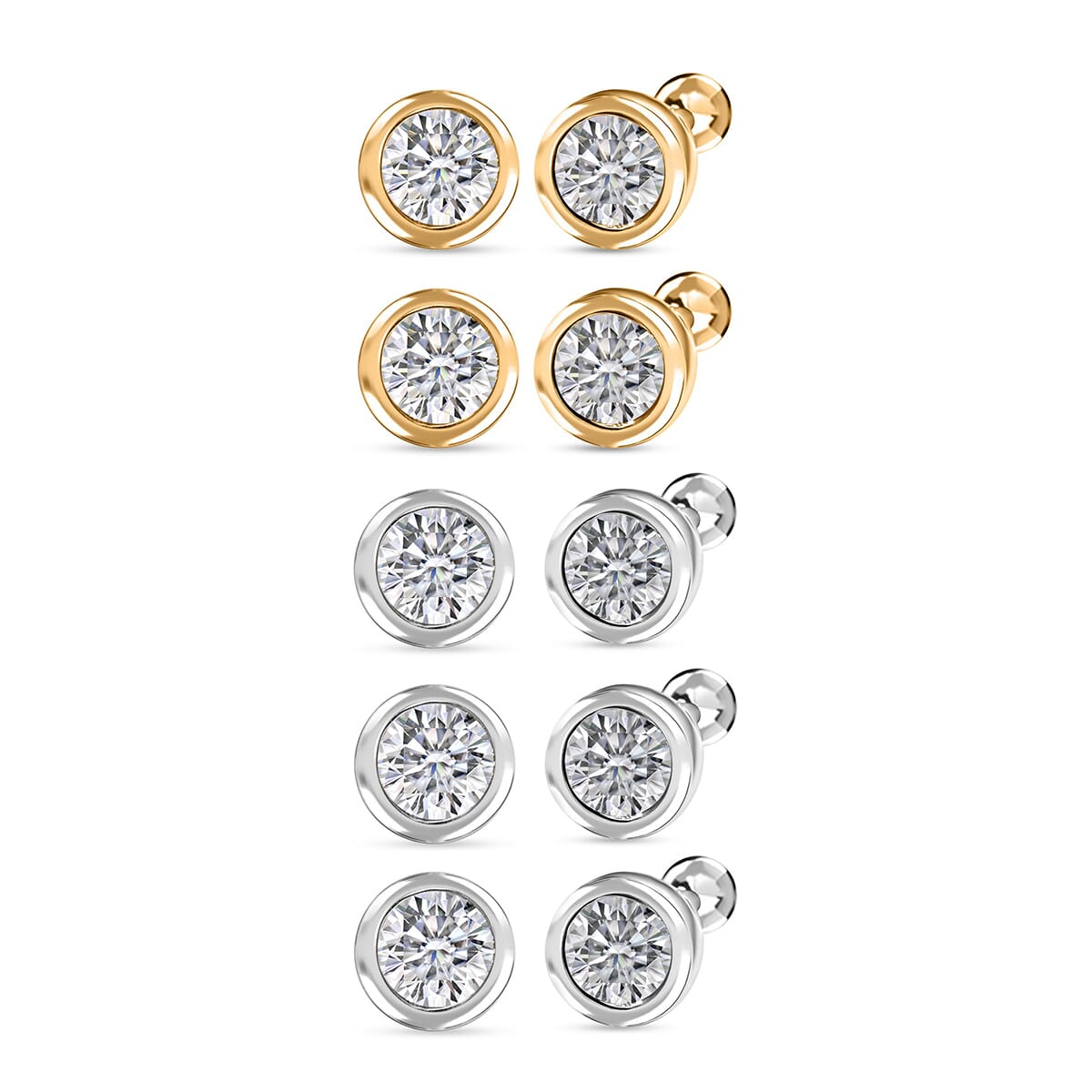 Set of 5 - Luxuriant Lab Grown Diamond G-H SI 2.50 ctw Solitaire Stud Earrings in Rhodium and 18K Vermeil Yellow Gold Over Sterling Silver image number 0