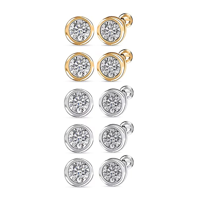 Set of 5 - Luxuriant Lab Grown Diamond (G-H, SI) Solitaire Stud Earrings in Rhodium and 18K Vermeil Yellow Gold Over Sterling Silver 2.50 ctw (Del. In 10-12 Days)