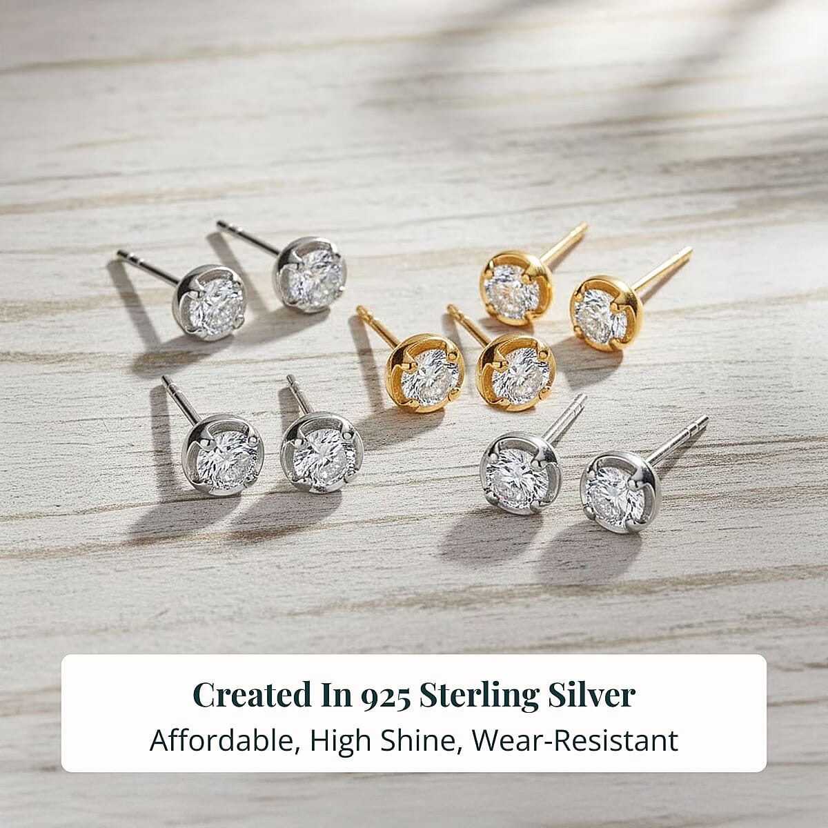 Set of 5 - Luxuriant Lab Grown Diamond (G-H, SI) Solitaire Stud Earrings in Rhodium and 18K Vermeil Yellow Gold Over Sterling Silver 2.50 ctw (Del. In 10-12 Days) image number 2