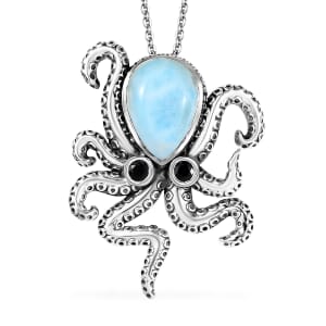 GP Capri Special Collection Premium Larimar and Thai Black Spinel 6.70 ctw Octopus Pendant Necklace in Rhodium Over Sterling Silver 20 Inches