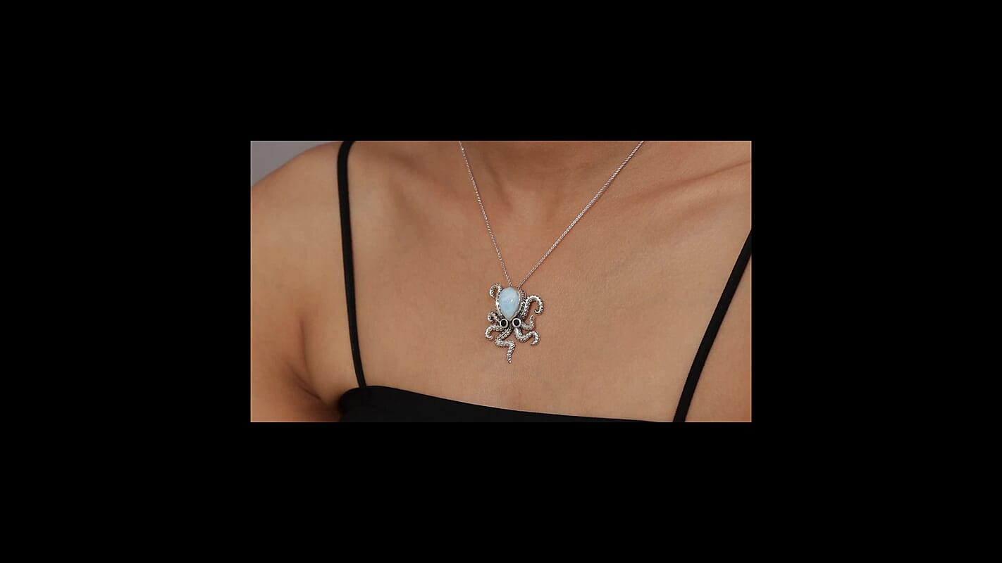 GP Capri Special Collection Premium Larimar and Thai Black Spinel 6.70 ctw Octopus Pendant Necklace in Rhodium Over Sterling Silver 20 Inches