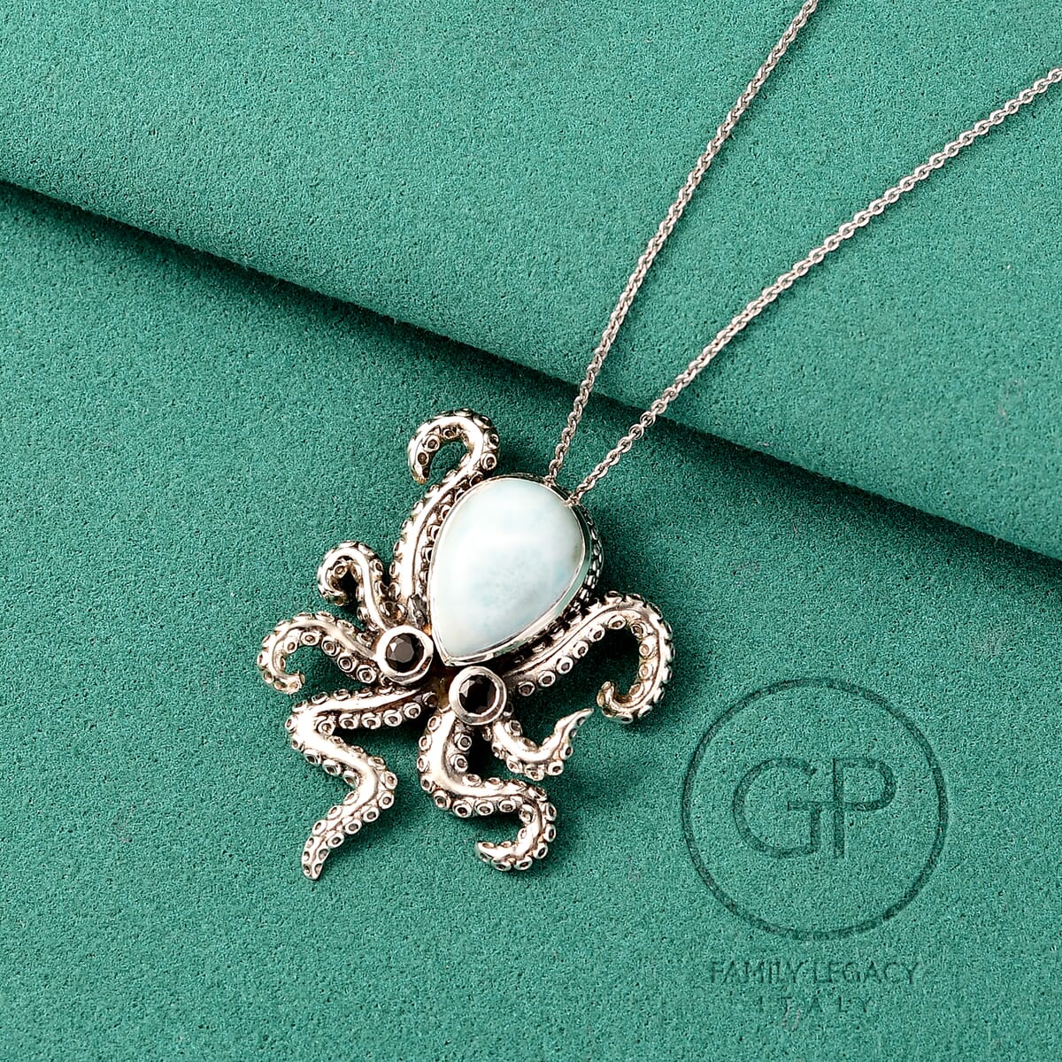 GP Capri Special Collection Premium Larimar and Thai Black Spinel 6.70 ctw Octopus Pendant Necklace in Rhodium Over Sterling Silver 20 Inches image number 1