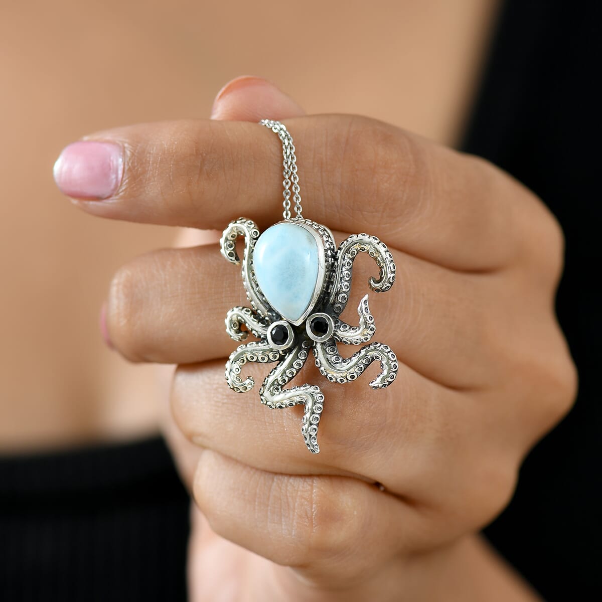 GP Capri Special Collection Premium Larimar and Thai Black Spinel 6.70 ctw Octopus Pendant Necklace in Rhodium Over Sterling Silver 20 Inches image number 2