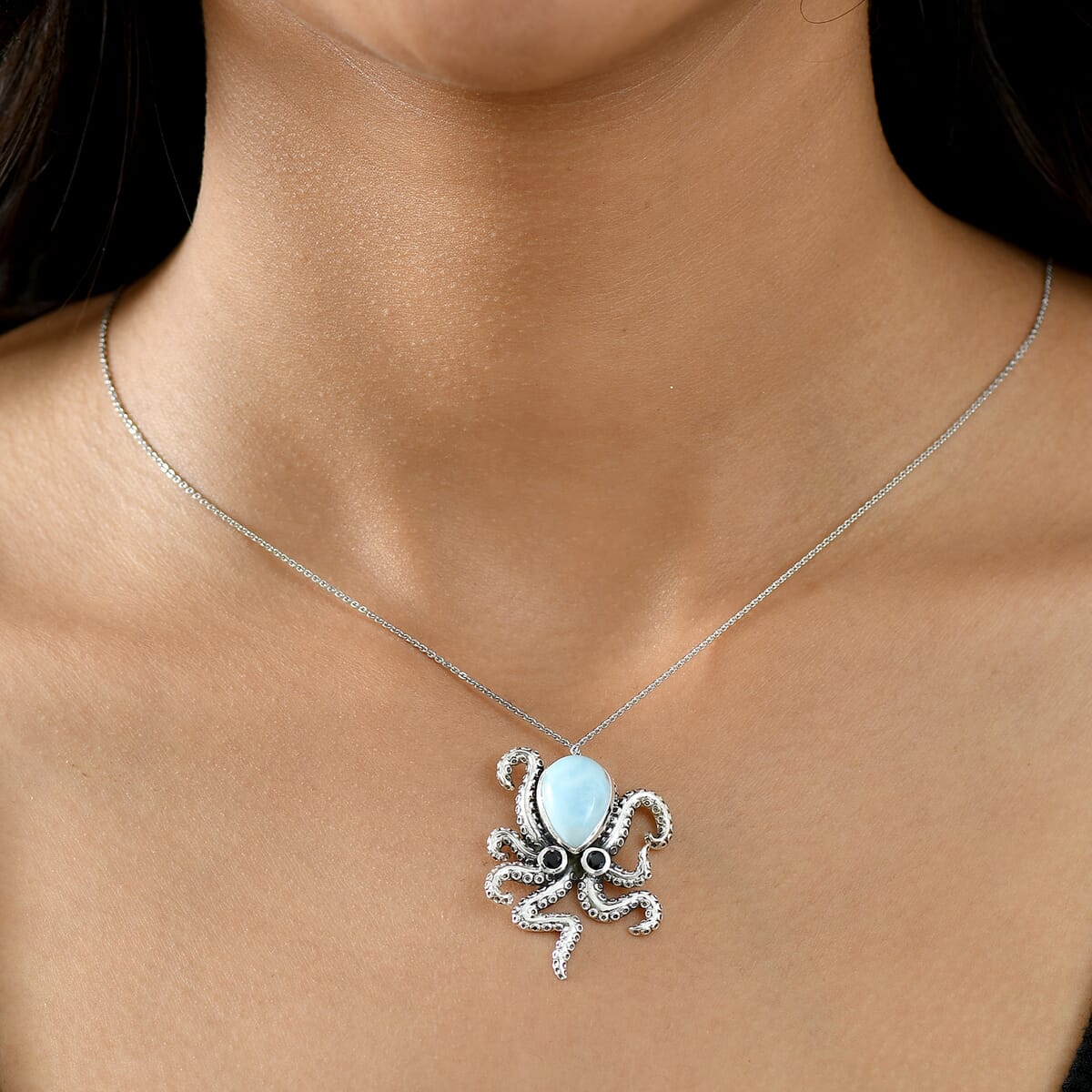 GP Capri Special Collection Premium Larimar and Thai Black Spinel 6.70 ctw Octopus Pendant Necklace in Rhodium Over Sterling Silver 20 Inches image number 3