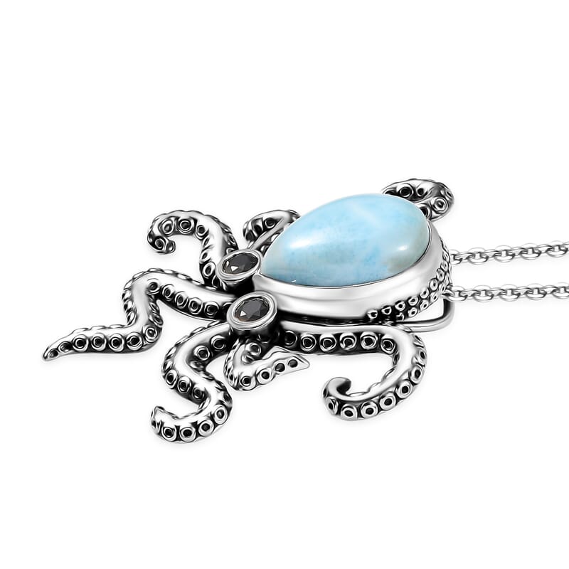 GP Capri Special Collection Premium Larimar and Thai Black Spinel 6.70 ctw Octopus Pendant Necklace in Rhodium Over Sterling Silver 20 Inches