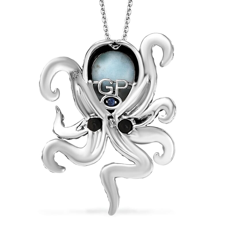 GP Capri Special Collection Premium Larimar and Thai Black Spinel 6.70 ctw Octopus Pendant Necklace in Rhodium Over Sterling Silver 20 Inches