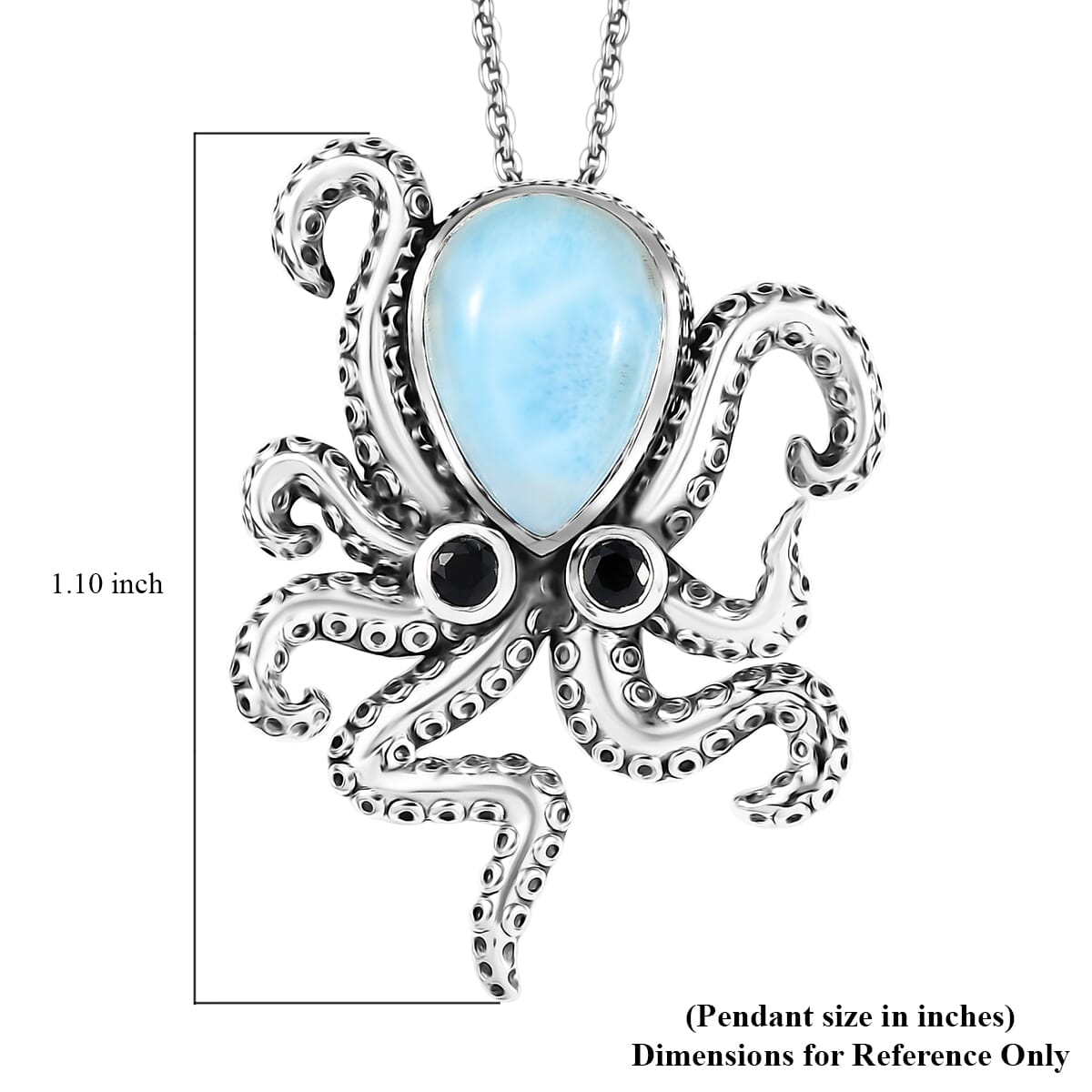GP Capri Special Collection Premium Larimar and Thai Black Spinel 6.70 ctw Octopus Pendant Necklace in Rhodium Over Sterling Silver 20 Inches image number 7