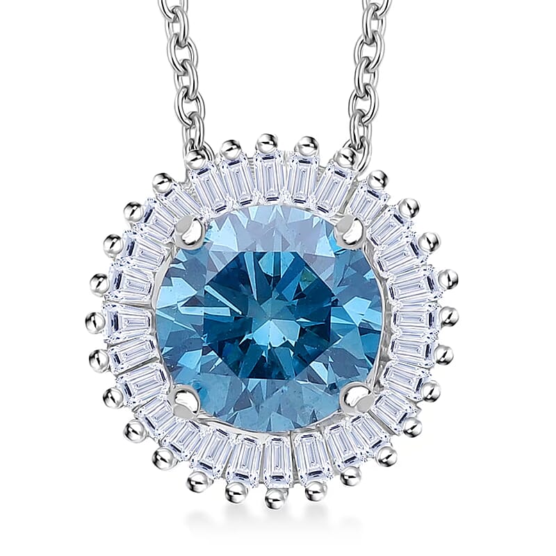 Luxuriant Lab Grown Blue Diamond (IR) SI and Lab Grown Diamond 1.00 ctw Halo Majesty Pendant Necklace 20 Inches in Rhodium Over Sterling Silver