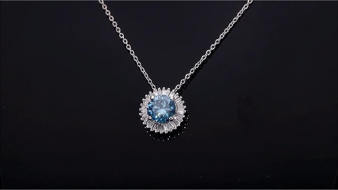 Luxuriant Lab Grown Blue Diamond (IR) SI and Lab Grown Diamond 1.00 ctw Halo Majesty Pendant Necklace 20 Inches in Rhodium Over Sterling Silver