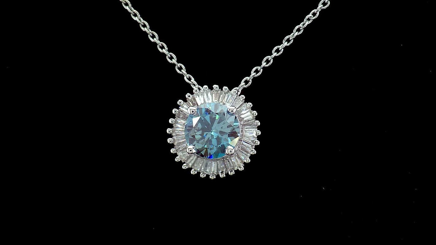 Luxuriant Lab Grown Blue Diamond (IR) SI and Lab Grown Diamond 1.00 ctw Halo Majesty Pendant Necklace 20 Inches in Rhodium Over Sterling Silver