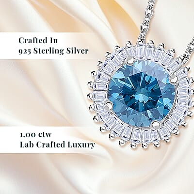 Luxuriant Lab Grown Blue Diamond (IR) SI and Lab Grown Diamond 1.00 ctw Halo Majesty Pendant Necklace 20 Inches in Rhodium Over Sterling Silver