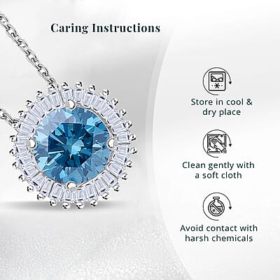 Luxuriant Lab Grown Blue Diamond (IR) SI and Lab Grown Diamond 1.00 ctw Halo Majesty Pendant Necklace 20 Inches in Rhodium Over Sterling Silver
