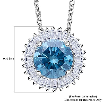 Luxuriant Lab Grown Blue Diamond (IR) SI and Lab Grown Diamond 1.00 ctw Halo Majesty Pendant Necklace 20 Inches in Rhodium Over Sterling Silver
