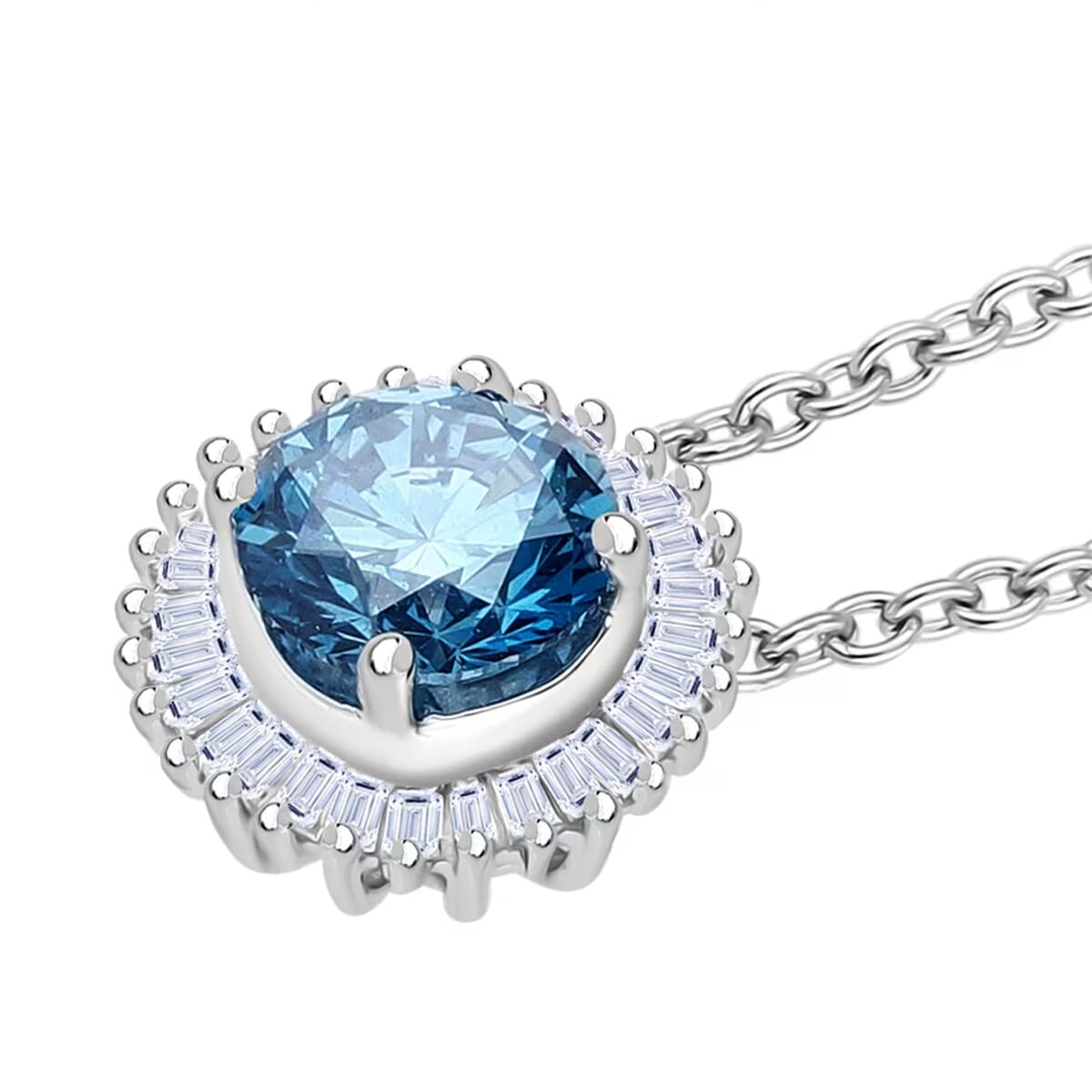 Luxuriant Lab Grown Blue Diamond (IR) SI and Lab Grown Diamond 1.00 ctw Halo Majesty Pendant Necklace 20 Inches in Rhodium Over Sterling Silver  image number 8