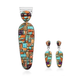 Santa Fe Style Spiny Turquoise 87.00 ctw Pendant and Earrings in Sterling Silver