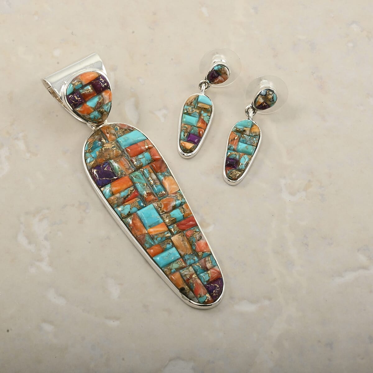 Santa Fe Style Spiny Turquoise 87.00 ctw Pendant and Earrings in Sterling Silver image number 1