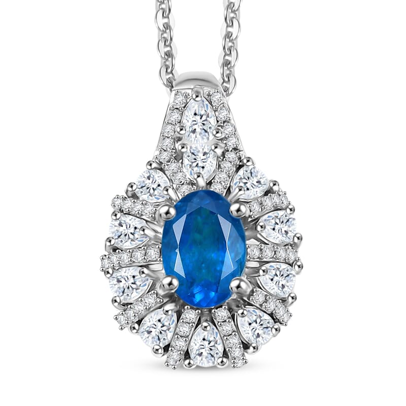 D'Joy Premium Malgache Neon Apatite and White Zircon 2.00 ctw Crown of Lights Pendant Necklace in Rhodium Over Sterling Silver 20 Inches