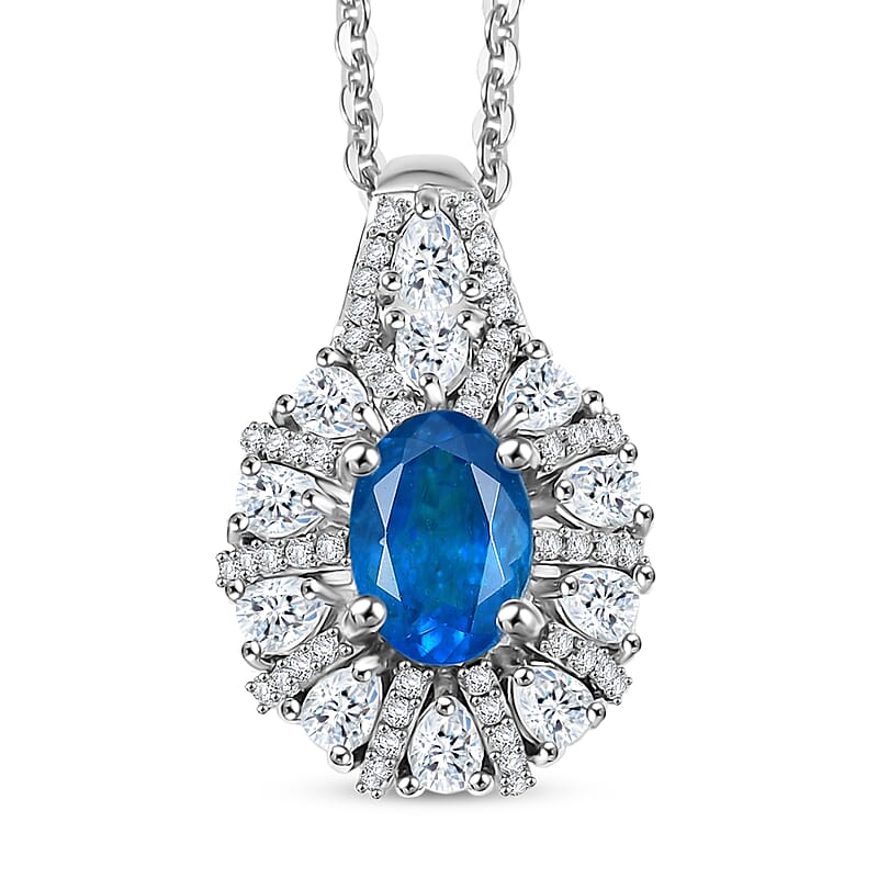 D'Joy Premium Malgache Neon Apatite and White Zircon 2.00 ctw Crown of Lights Pendant Necklace in Rhodium Over Sterling Silver 20 Inches