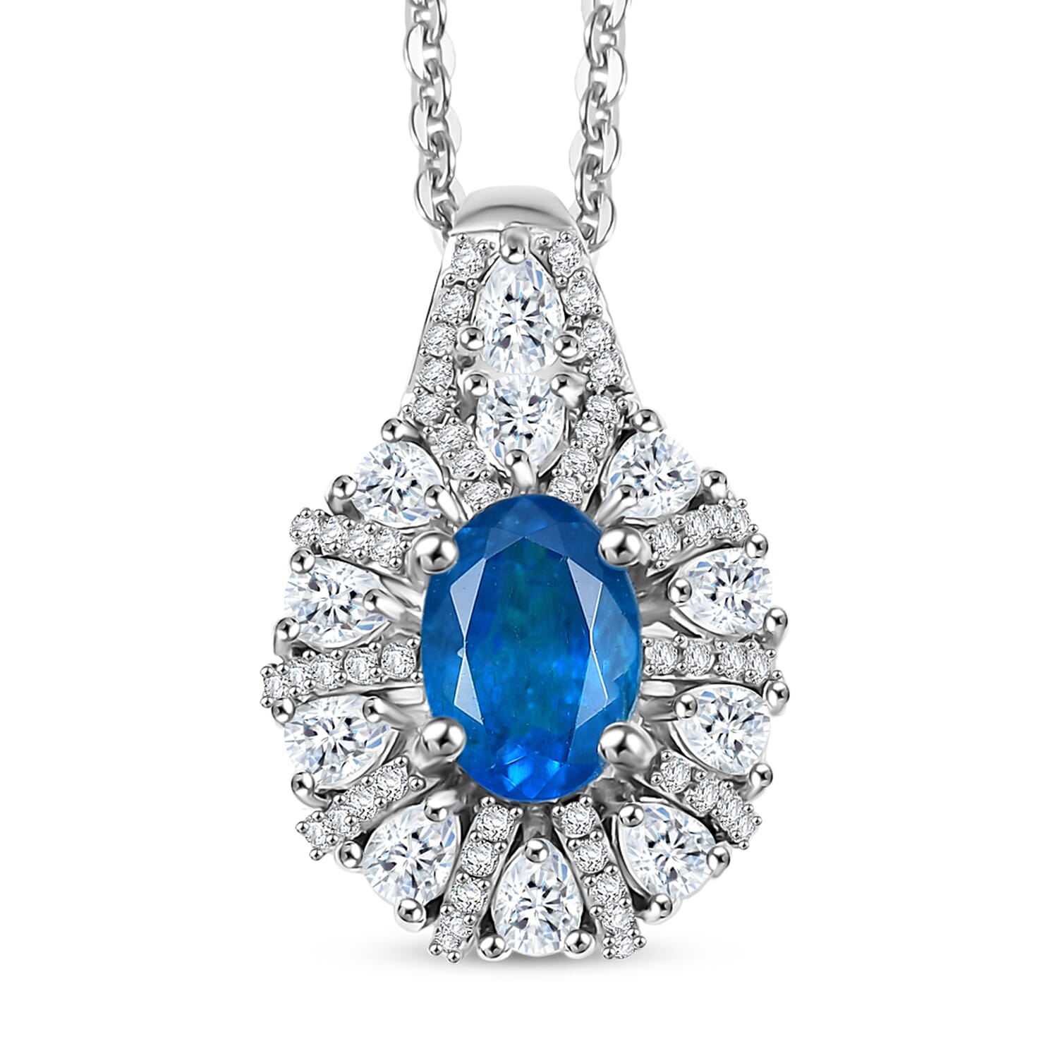 D'Joy Premium Malgache Neon Apatite and White Zircon 2.00 ctw Crown of Lights Pendant Necklace in Rhodium Over Sterling Silver 2