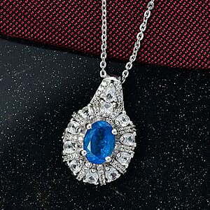 Premium Malgache Neon Apatite, White Zircon Pendant Necklace (20 Inches) in Rhodium Over Sterling Silver 2.00 ctw