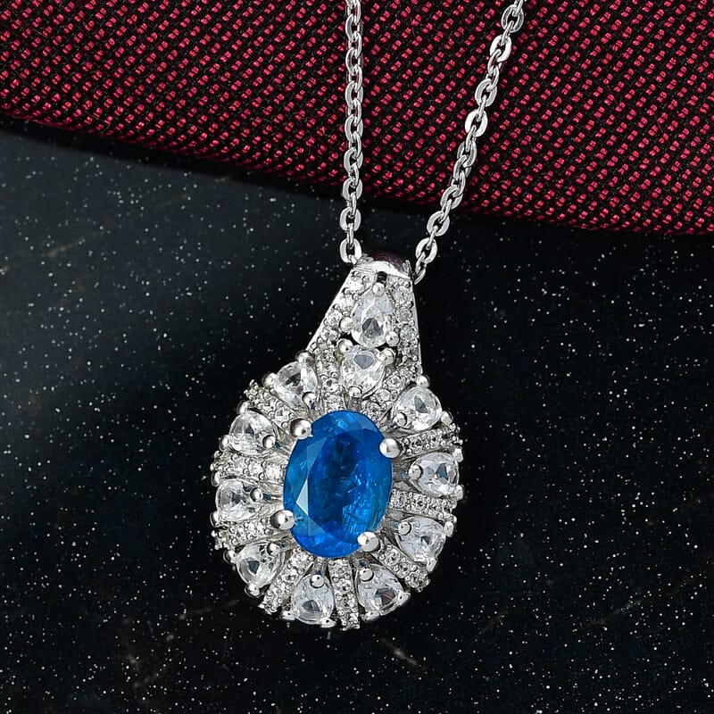 D'Joy Premium Malgache Neon Apatite and White Zircon 2.00 ctw Crown of Lights Pendant Necklace in Rhodium Over Sterling Silver 20 Inches