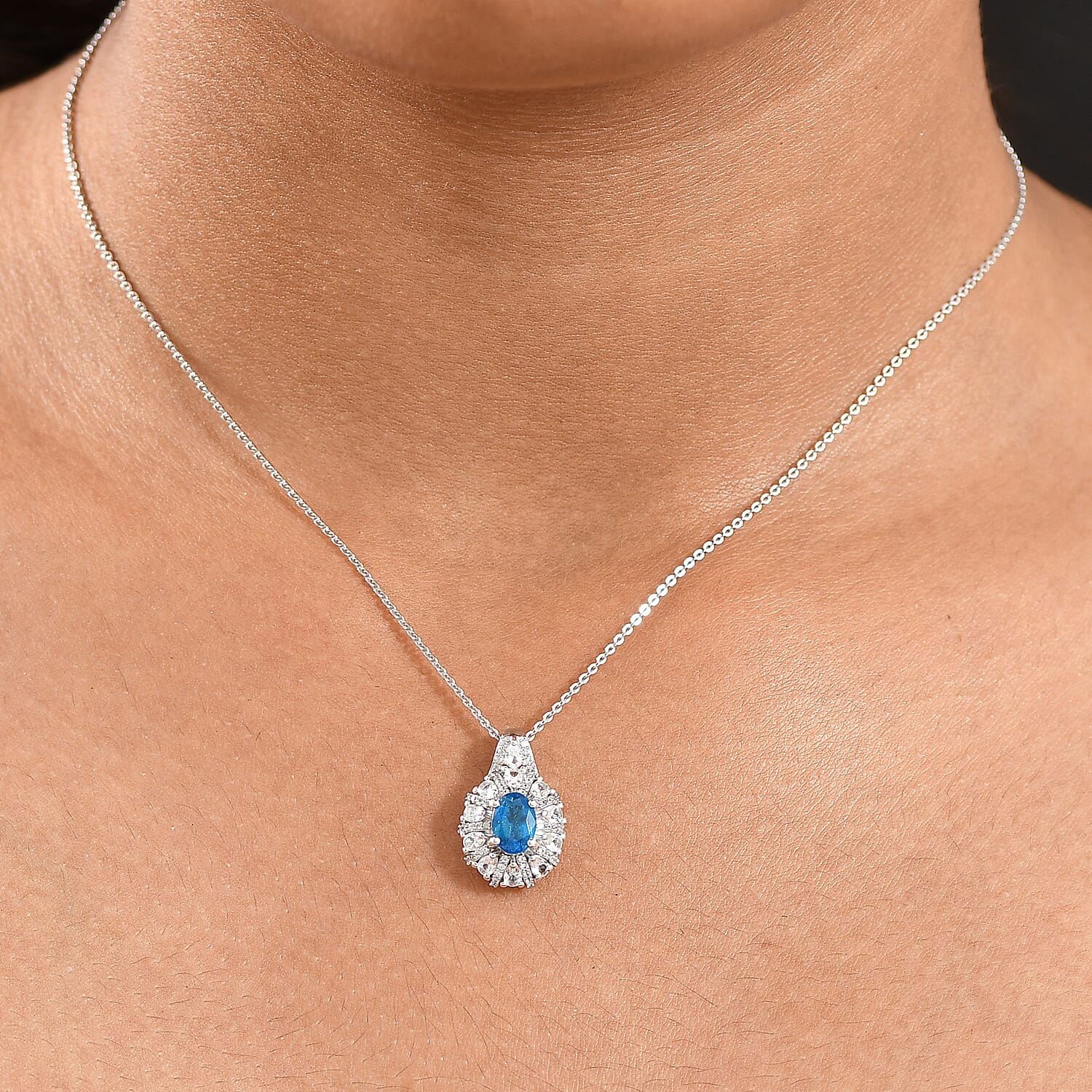 D'Joy Premium Malgache Neon Apatite and White Zircon 2.00 ctw Crown of Lights Pendant Necklace in Rhodium Over Sterling Silver 20 Inches 