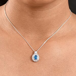Premium Malgache Neon Apatite, White Zircon Pendant Necklace (20 Inches) in Rhodium Over Sterling Silver 2.00 ctw