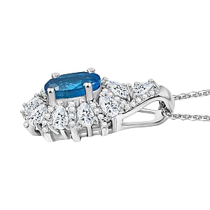 Premium Malgache Neon Apatite, White Zircon Pendant Necklace (20 Inches) in Rhodium Over Sterling Silver 2.00 ctw