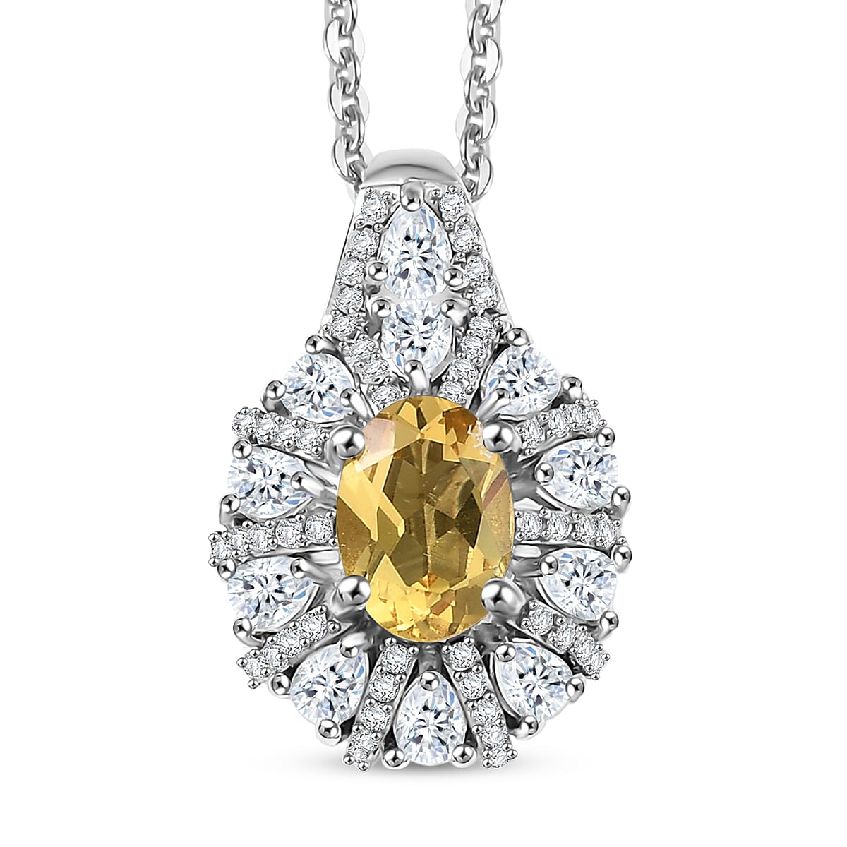Premium Malgache Neon Apatite, White Zircon Pendant Necklace (20 Inches) in Rhodium Over Sterling Silver 2.00 ctw