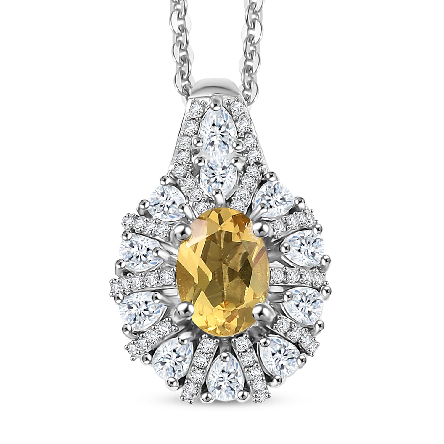 D'Joy Brazilian Heliodor and White Zircon 2.00 ctw Crown of Lights Pendant Necklace in Rhodium Over Sterling Silver 20 Inches