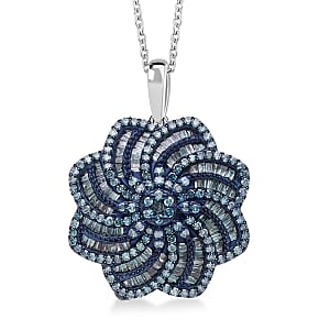 D'Joy Blue Diamond 1.50 ctw Floral Pendant Necklace in Rhodium Over Sterling Silver 20 Inches