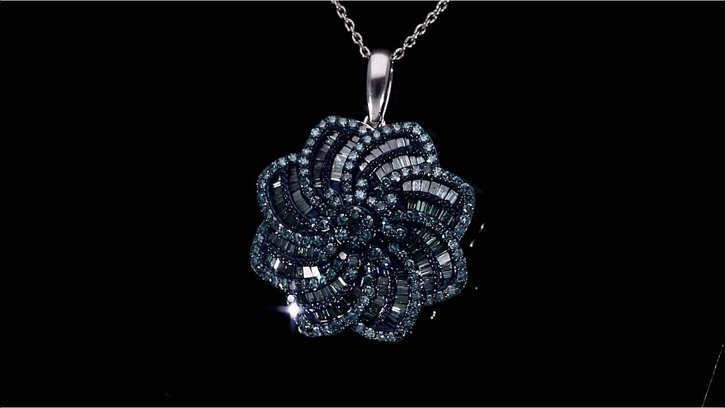 D'Joy Blue Diamond 1.50 ctw Floral Pendant Necklace in Rhodium Over Sterling Silver 20 Inches