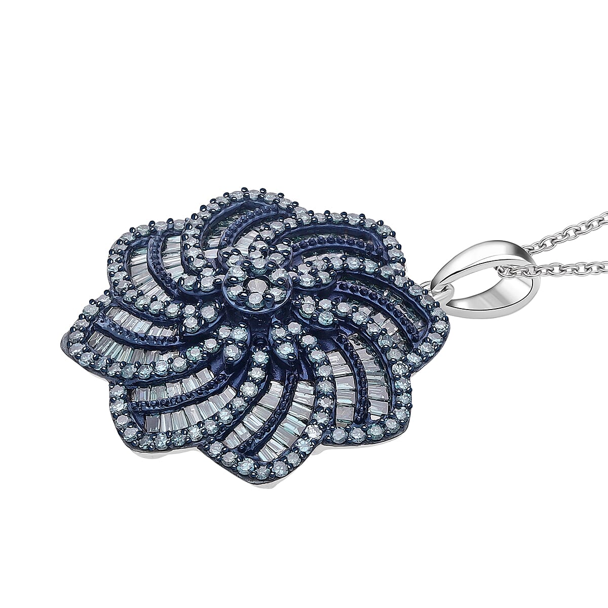 D'Joy Blue Diamond 1.50 ctw Floral Pendant Necklace in Rhodium Over Sterling Silver 20 Inches image number 2