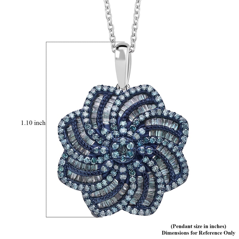 D'Joy Blue Diamond 1.50 ctw Spiral Floral Pendant Necklace in Rhodium Over Sterling Silver 20 Inches