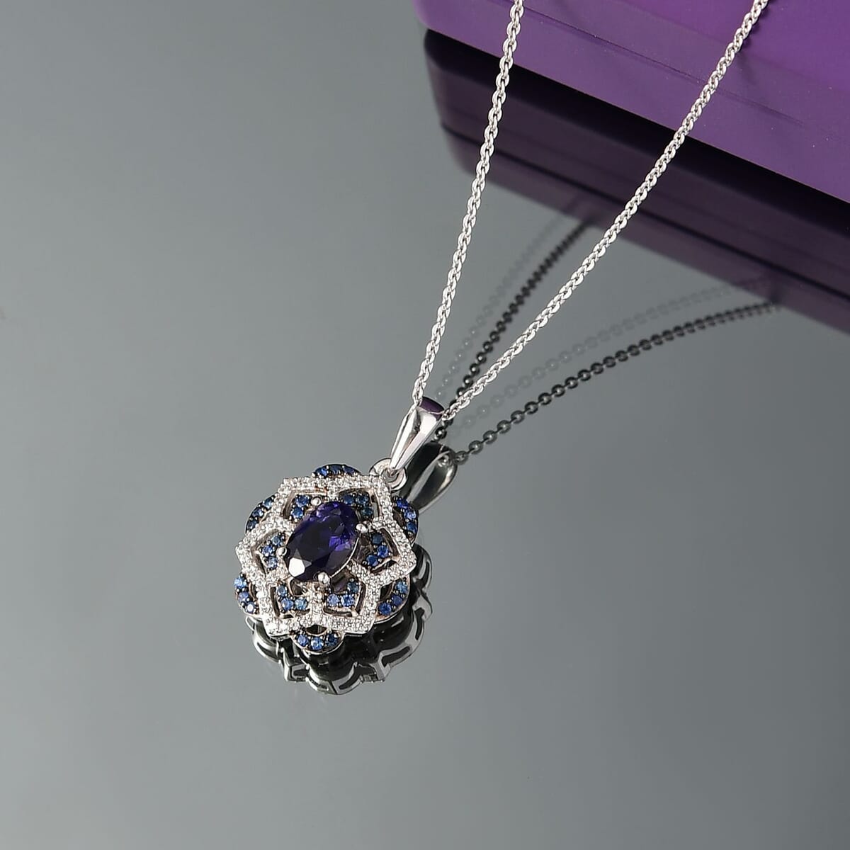 D'Joy Catalina Iolite and Multi Gemstone 1.15 ctw Celestial Queen Starblossom Pendant Necklace in Rhodium Over Sterling Silver 20 Inches  image number 1